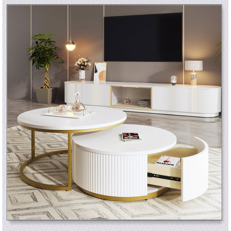 Table basse gigogne ronde moderne cannelée avec tiroir en blanc et or 31,5 po, Blanc