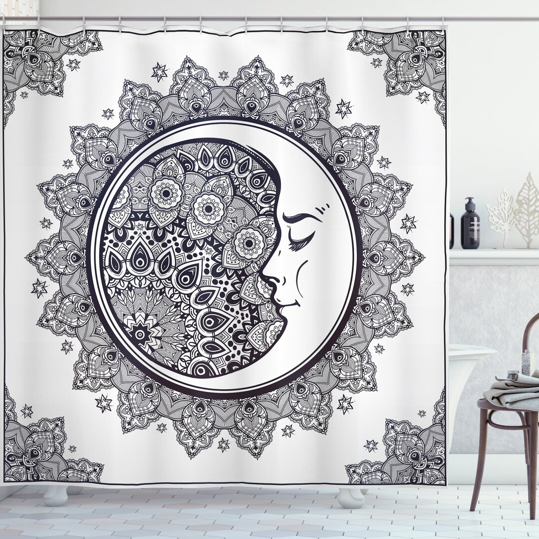 Duschvorhang, Boho Stern-Mond-Mandala, Mond, Dunkelblau Weiß