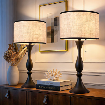 Black Metal Table Lamp With Linen Shade, 27-Inch Hepburn Vintage Style With Pull Chain (2 packs)