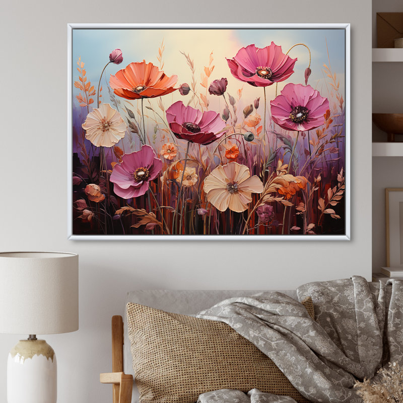 «Pink Crimson Flower Meadow Field» sur toile, H 34 po x l 44 po x P 1,5 po, Cadre flottant blanc