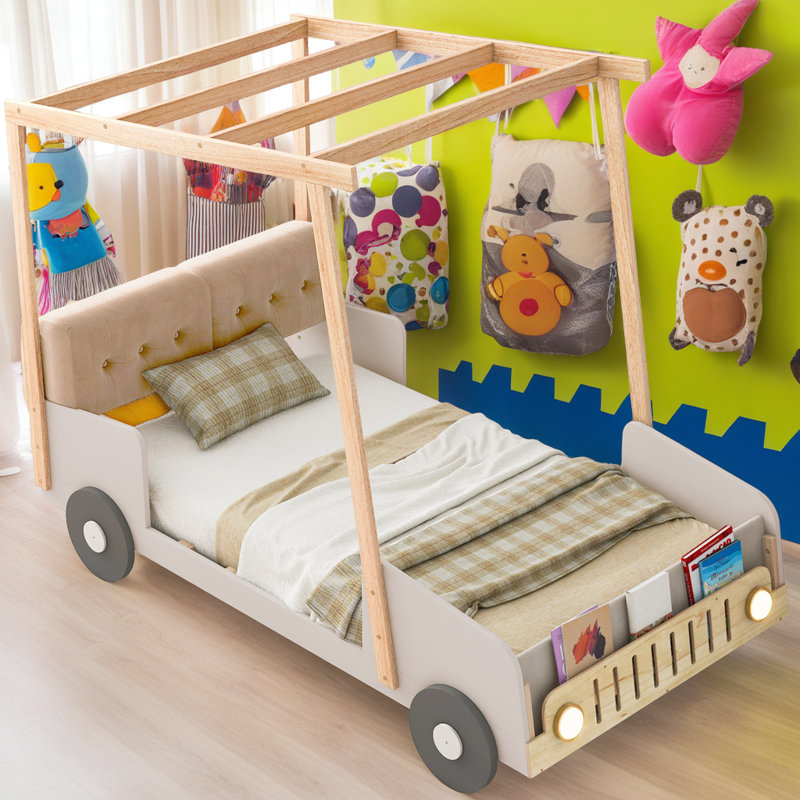 Ceiling Cloth Kids Upholstered Headboard Car Bed With Car Light shape LED, Twin