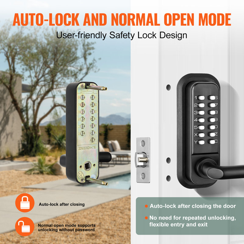 Mechanical Keyless Entry Door Lock, 14 Digit Keypad, Double-sided Embedded Outdoor Gate Door Locks Set with Handle and Keypad, Water-proof Zinc Alloy, Easy to Install, Garden, Garage
