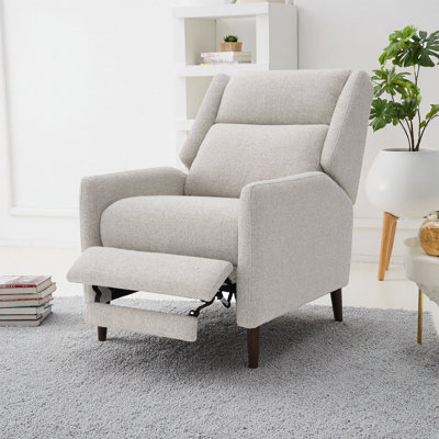 Mid-Century Modern Pushback Recliner Armchair with Tapered Wood Legs and Channeled High Back - Textured Fabric Living Room Accent