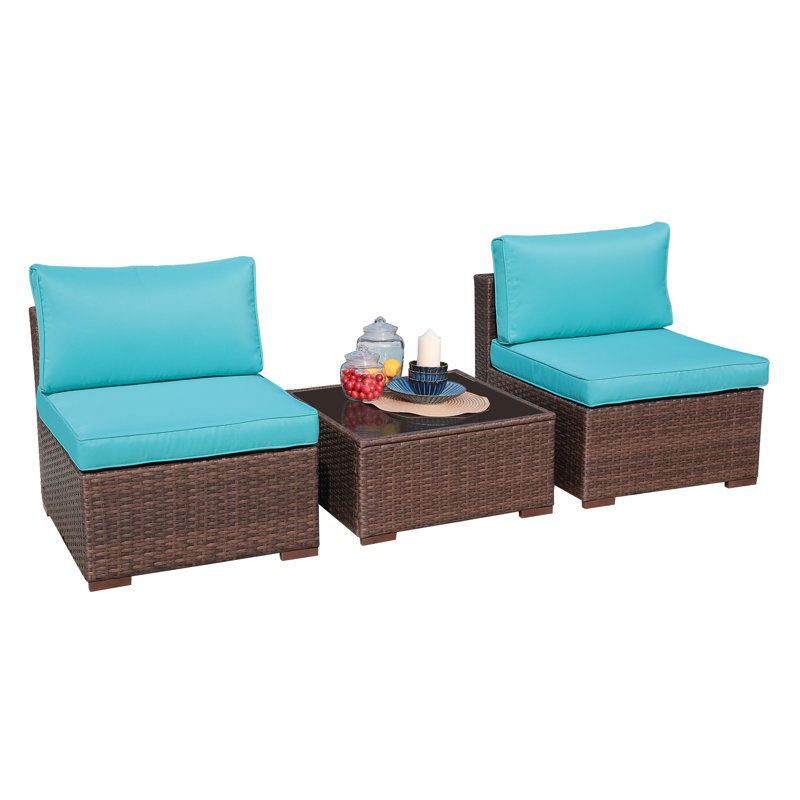 Aksh Wicker 2 - Person Patio Conversation Set with Cushions, Brown Frame/Blue Cushion