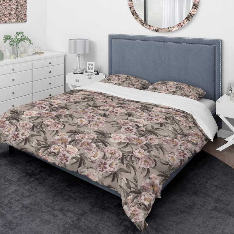Ensemble de housse de couette designart pivoines, Housse simple + 1 taie décorative