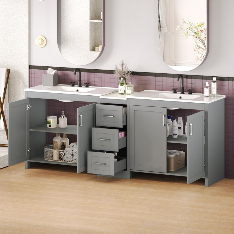 Meuble-lavabo double 84 po, 2 lavabos en céramique et un comptoir, avec tablettes réglables et 3 tiroirs, grand espace de rangement, poignées en métal argenté et charnières à fermeture en douceur, 