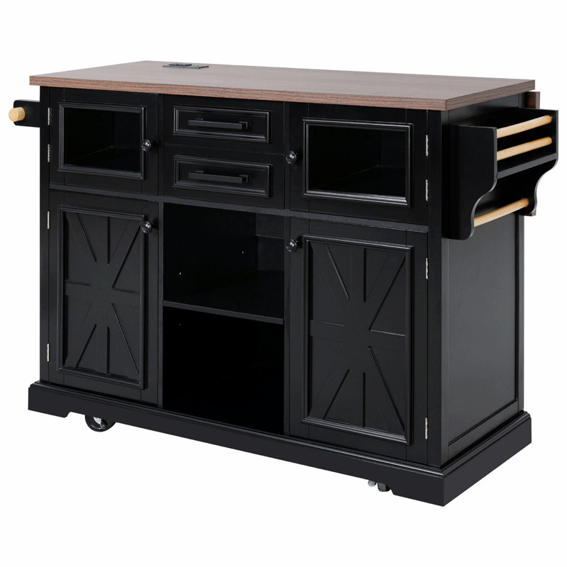 Îlot de cuisine avec abattant et prise de courant, chariot de rangement de cuisine avec tablettes, îlot de cuisine roulant à 4 roues