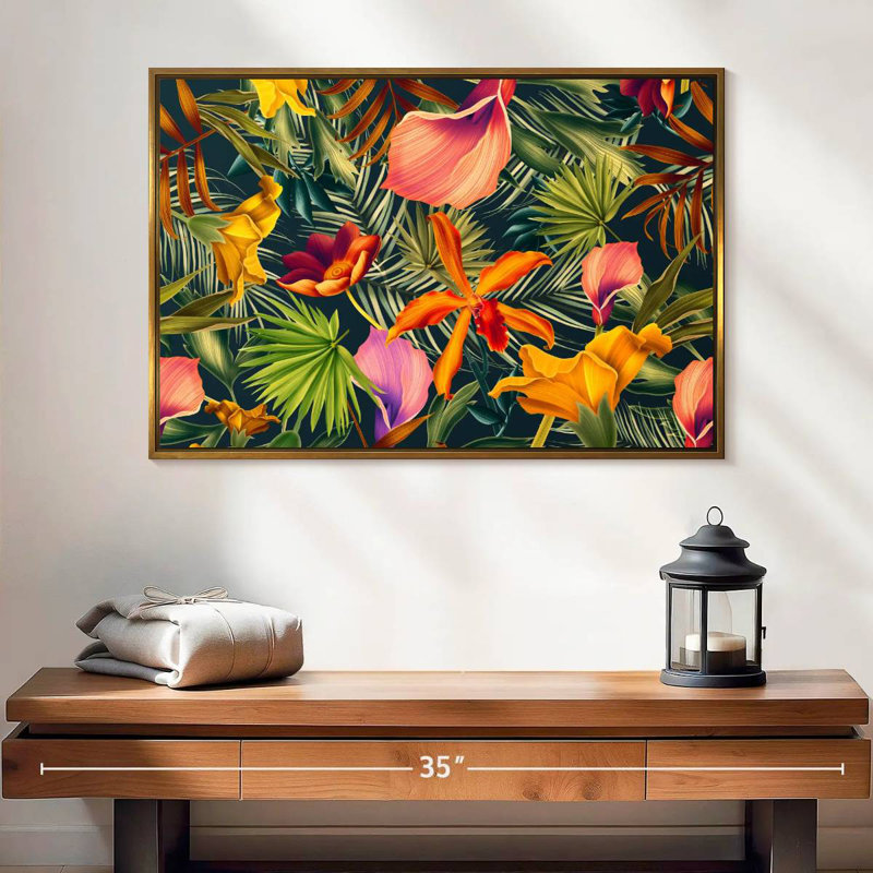 Floral tropical, 25 po x 17 po, Cadre flottant doré