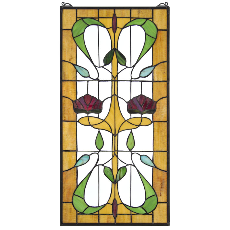 Ruskin Rose Amber and Ruby Stained Glass Window Panel