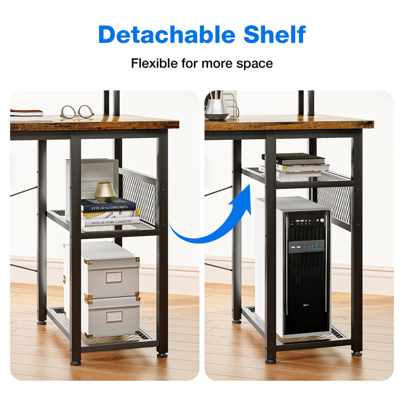 Latarya 59''W L-Shaped Desk with Steel Storage Shelves,Reversible Computer Desk with Built-in Outlets and LED Strip Lights