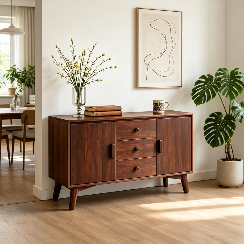 Buffet Mid-Century avec portes et tiroirs de rangement pour le salon
