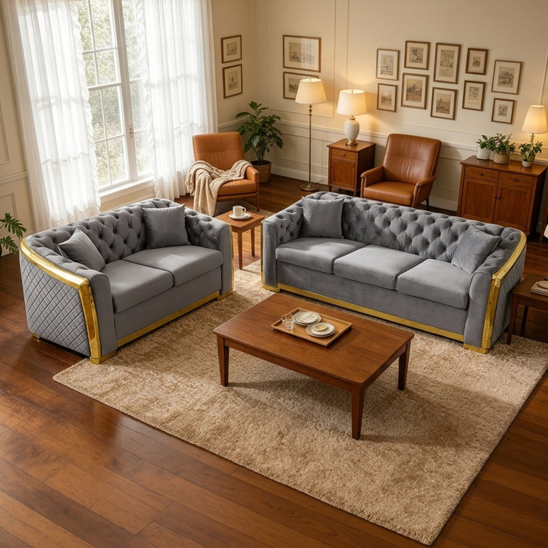 Ensemble canapé Chesterfield modulaire en velours 2 places avec causeuse