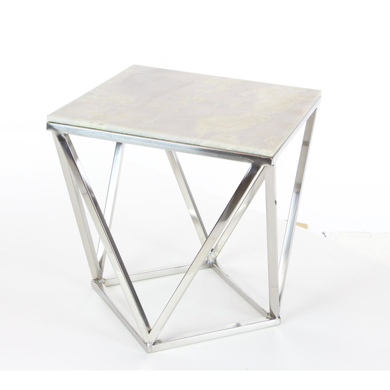 Burgett Stainless Steel Metal Side End Silver Accent Table with Marble Top