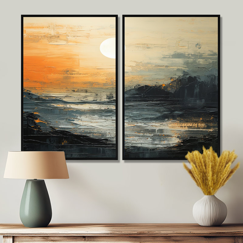«Modern Coastal Mystic Sunrise» - art mural côtier côtier, H 36 po x l 48 po, Reproduction encadrée sans passe-partout, Noir