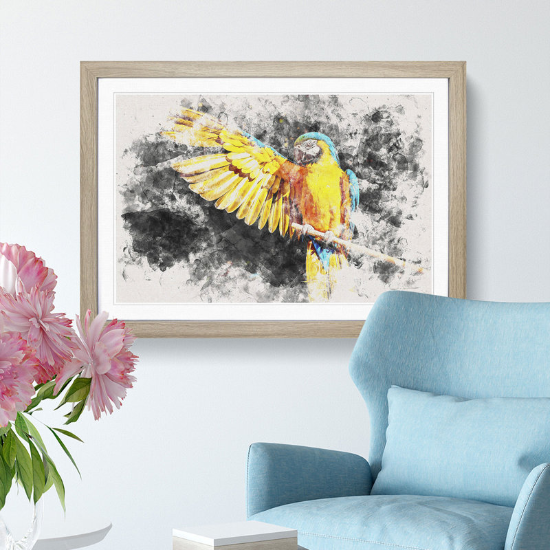 Yellow Macaw Parrot Watercolour - Framed Print, 33cm H x 45cm W x 2cm D, Oak
