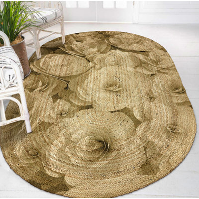 Tapis ovale en jute tissé à la machine à motif floral brun clair Robertsdale
