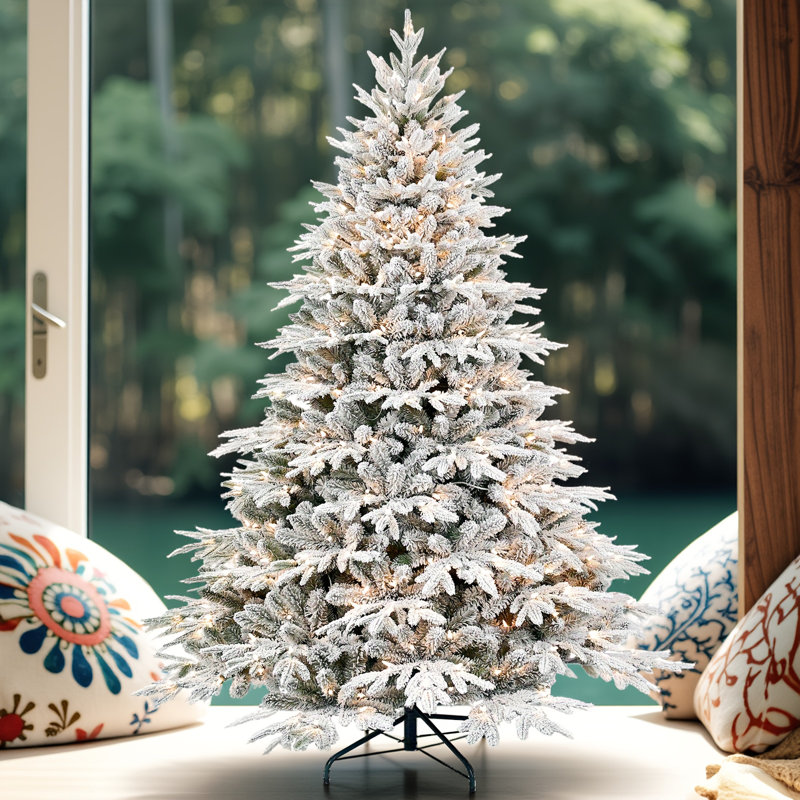 Arbre de Noël artificiel floqué pré-éclairé avec lumières incandescentes blanc chaud, pe + pvc enneigé avec branches en fil mémoire à mémoire, support en métal pliable pour les Fêtes