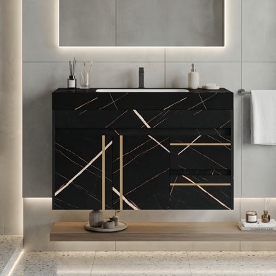  Abra 35"W Modern Floating Bathroom Vanity With Faux Marble Top, Single Vanity With Ceramic Sink, Soft-Close Drawers, Black