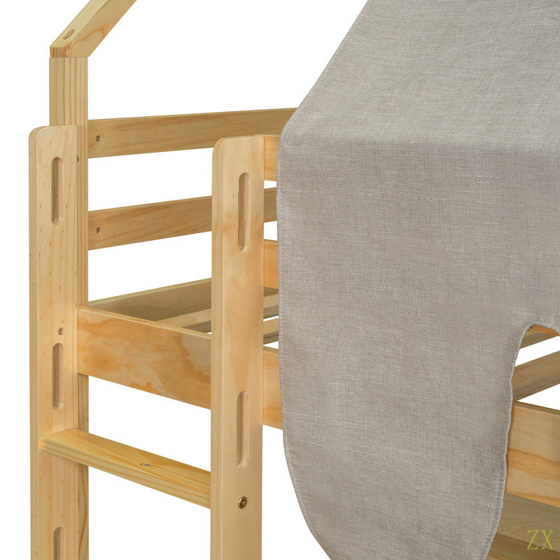 Lit mezzanine en bois simple avec structure en forme de maison avec tente, Lit simple, Brun