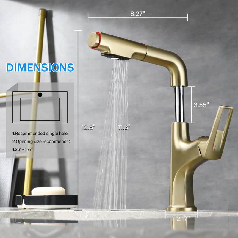 Pull-Down Vessel Faucet - Single Hole Bathroom Sink Faucet with Lift Spout & Dual Spray Modes​, Brushed Gold