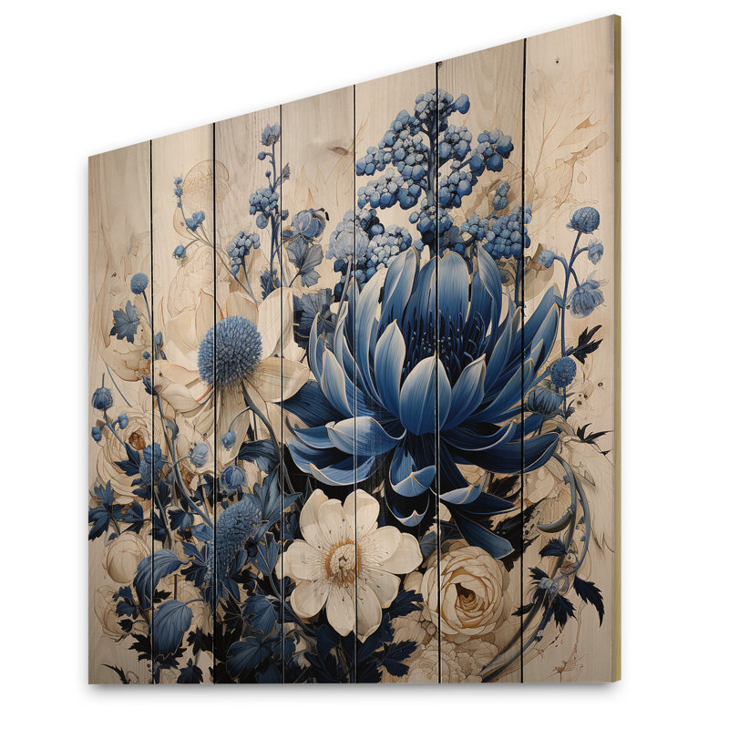 Blue Bonnets, fleurs blanches, bouquet I - Blue Bonnets, art mural sur bois de pin naturel, H 36 po x l 36 po