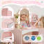 Ensemble de coiffeuse pour enfants avec lumières, ensemble de coiffeuse et de coiffeuse pour filles Princess, bureau de coiffeuse pour tout-petit avec bibliothèque ouverte, armoire de rangement et tablettes, tabourets