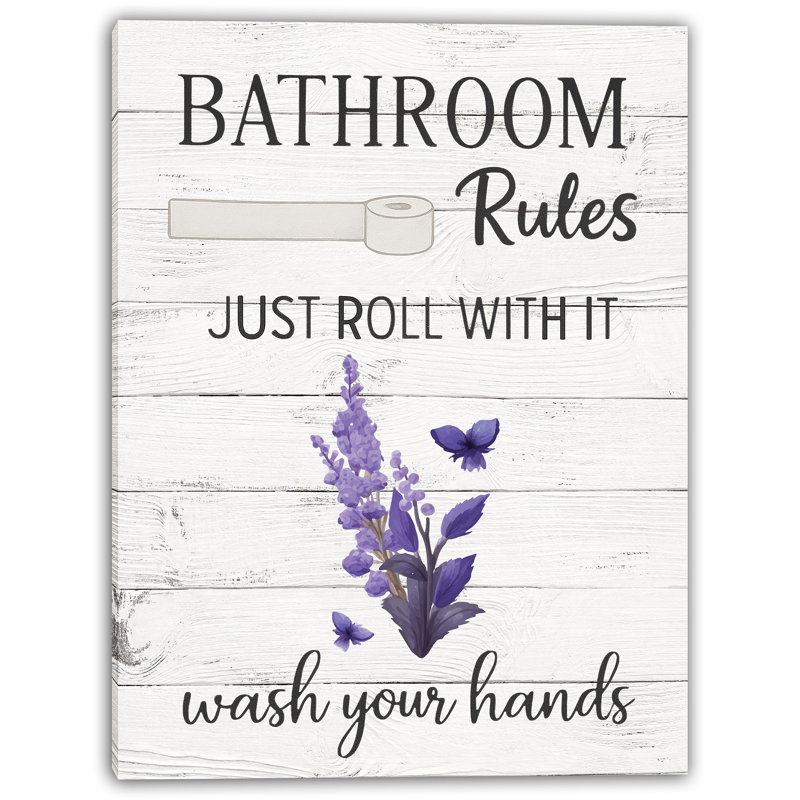 «Bathroom Rules - Just Roll with It», art mural toile lavande et papillons, H 48 po x l 36 po