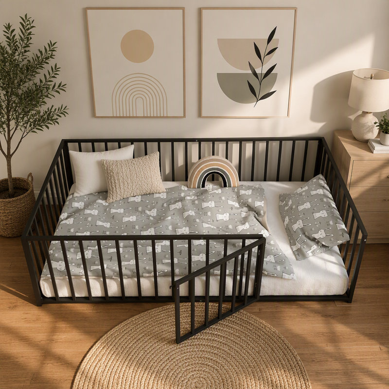 Lit Montessori en métal pour enfant (taille simple) avec barrière et porte, barrières de sécurité discrètes, sommier non nécessaire