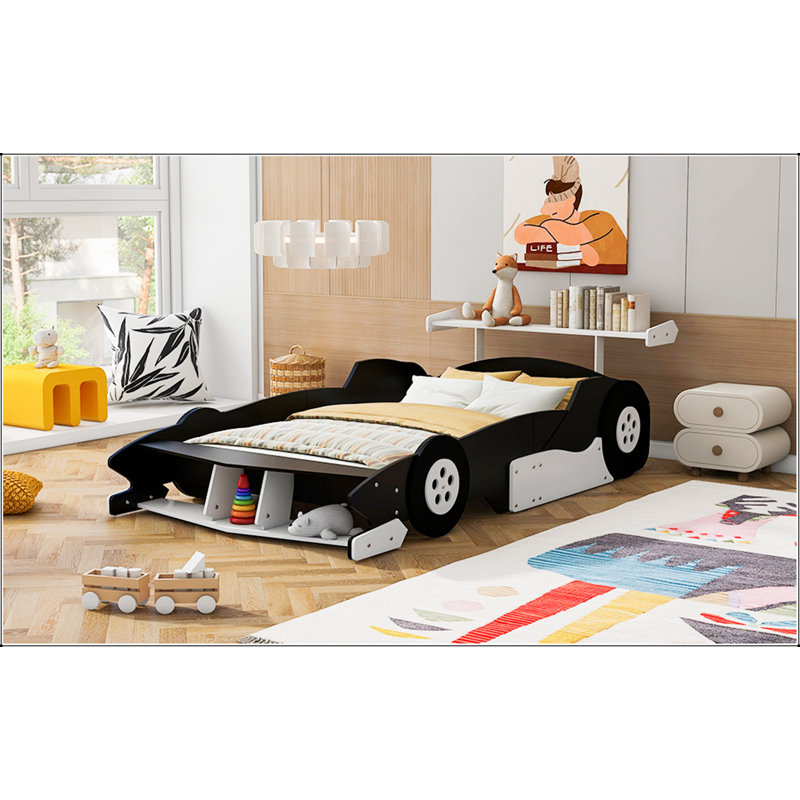 Race Car-Shaped Platform Bed With Wheels, Durable And Comfortable For Kids And Adults, Perfect For Themed Bedrooms, Black