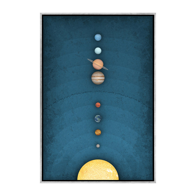 Système solaire sur bleu I - impression, Pas de tapis, H 60 po x l 40po x P 1,5 po, Toile encadrée argentée