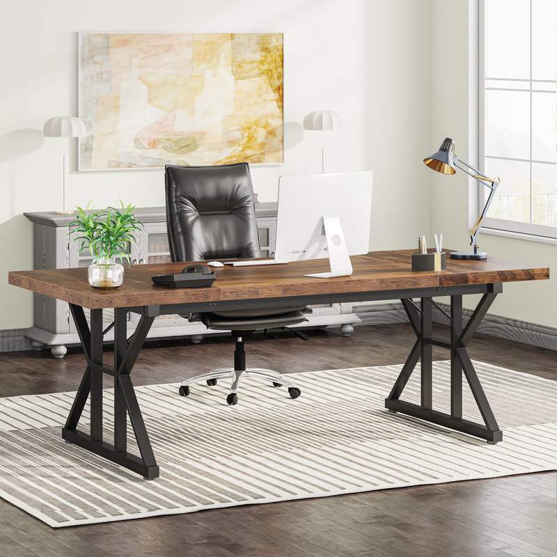 Metal Base Computer Desk, Brown, 75Cm H x 180Cm W x 80Cm D, Black