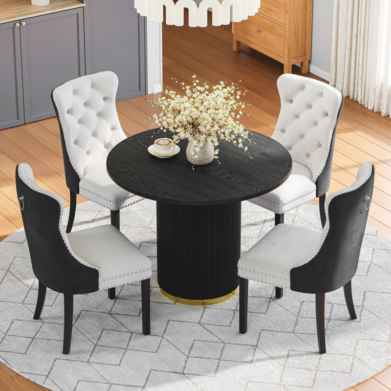 Modern Round Dining Table Set With Velvet Upholstered Chairs — Contemporary Dining Furniture, 29.92" H x 46.46" W x 46.46" D
