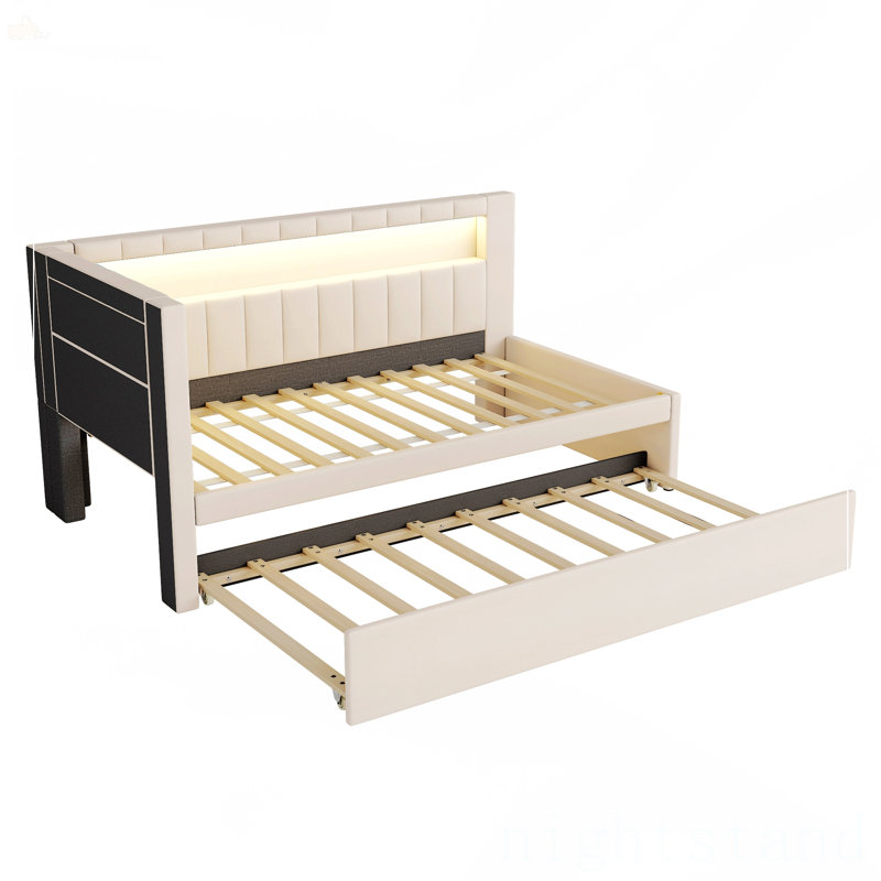 Lit plateforme tapissier simple avec ports USB et ceinture à DEL, Simple, Blanc