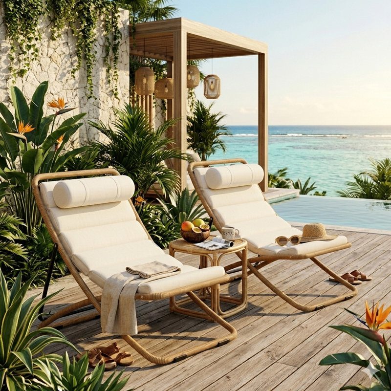 Ensemble de chaise longue pliante en rotin 2 pièces avec dossier réglable et appui-tête Coastal, Jaune