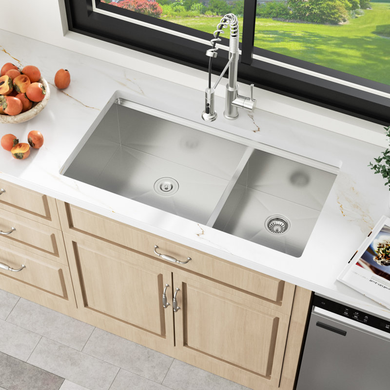 36" L x 19" W Undermount Double Kitchen Sink Stainless Steel 16 Gauge Ledge Workstation 60/40 Low Divide Double Basin Sinks with Accessories