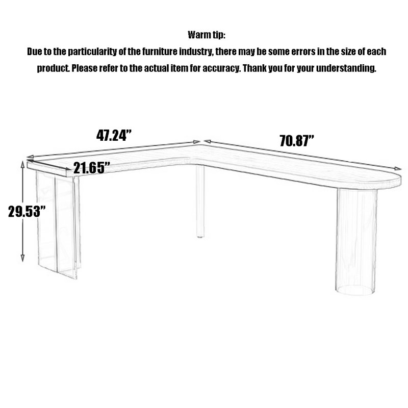 Bureau en L en bois massif avec pieds flottants en acrylique, H 29,53 po x l 70,87 po x P 47,24 po