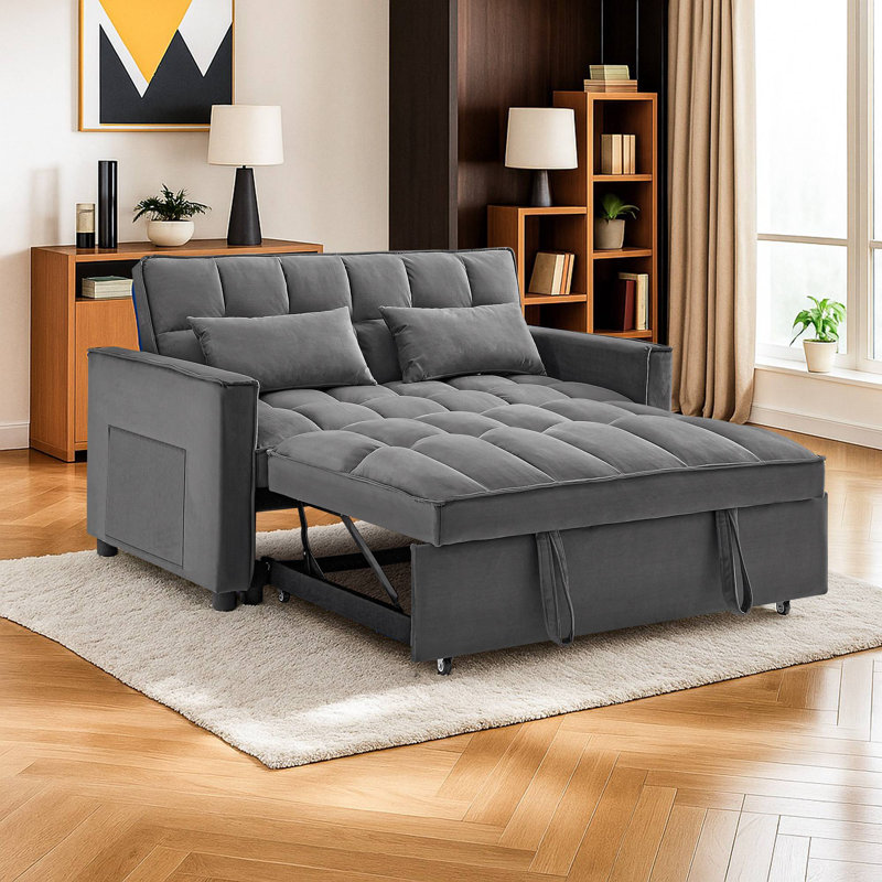 54" Velvet Convertible 3-In-1 Sofa Bed, Dark Gray