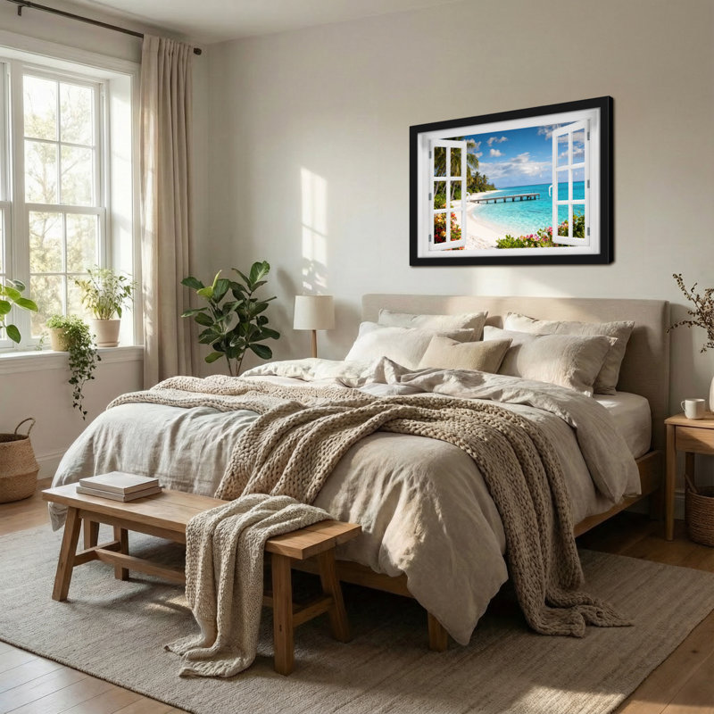 Paysage et nature vue sur la plage tropicale par une fenêtre ouverte, H 12 po x l 18 po