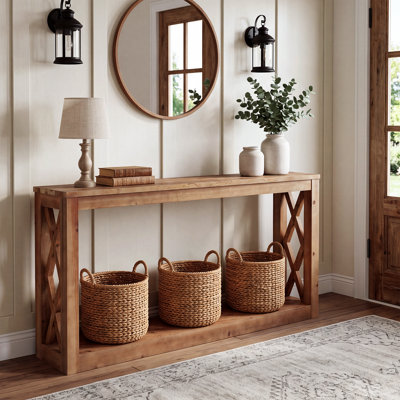 63" Farmhouse Solid Wood Console Table with X-shaped Sides, 2-Tier Open Storage Entryway Table for Living Room, Hallway, Foyer