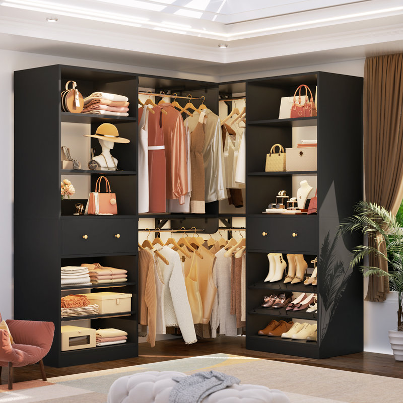 56.6'' - 120'' W Closet System with Wooden Drawers and Hanging Rods(Cut to Fit), Black