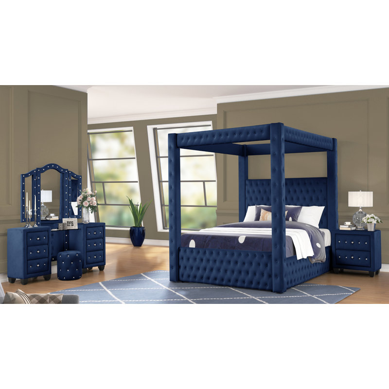 Ensemble de chambre à coucher 4 pièces Janeece, Bleu marine, Très grand