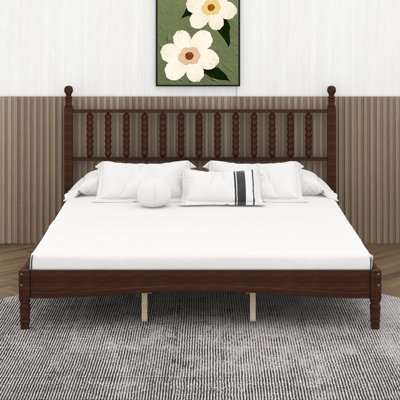 King Size Solid Wood Platform Bed With Gourd Shaped Headboard, Retro Style Bedframe, Large Under Bed Storage