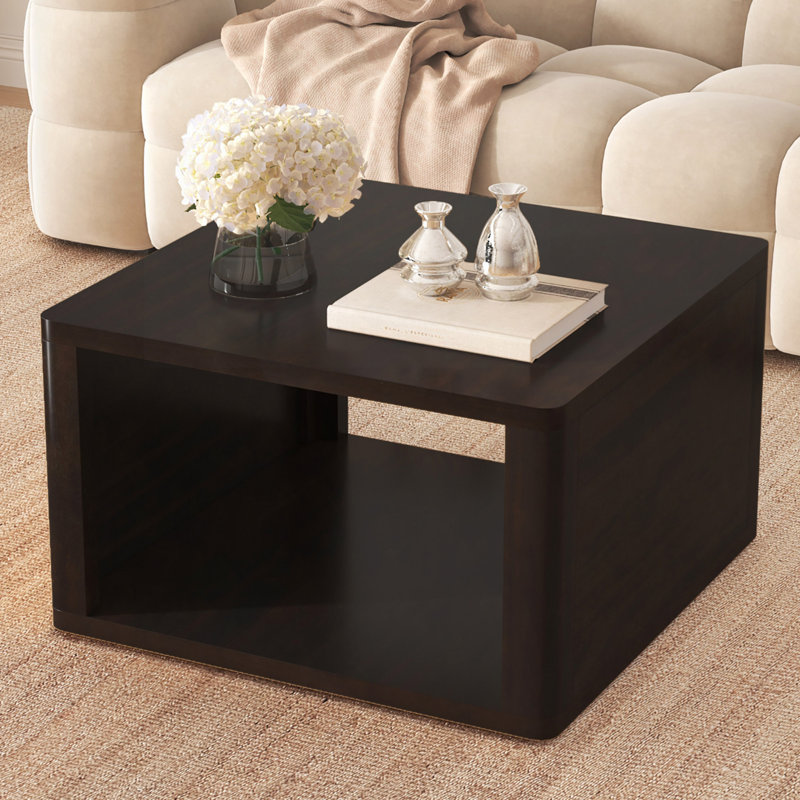 Square Coffee Table For Living Room In Dark Brown Farmhouse Coffee Table With Storage,2-Tier  Centre Table With Half Open Storage Compartment
