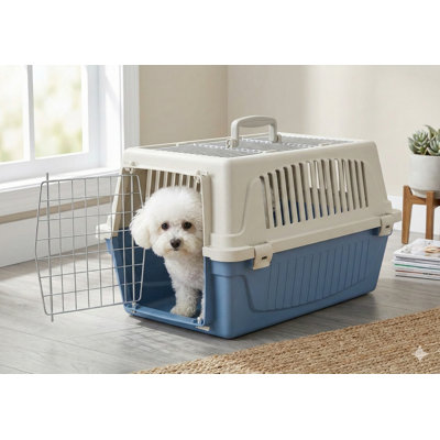 Small pet carrier suitable for dogs and cats; features top and front door access.