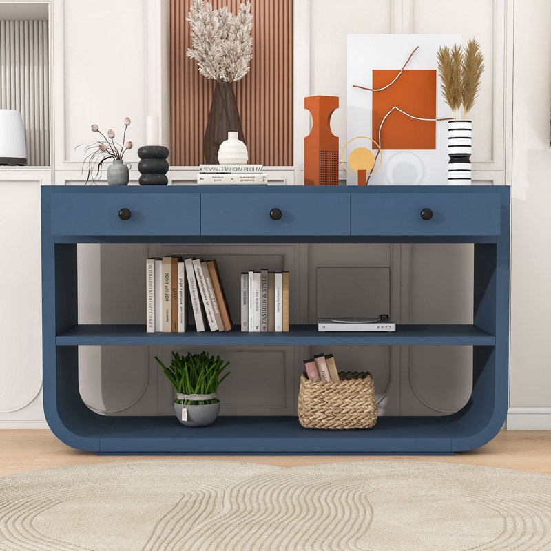 Console courbée avec 3 tiroirs à fermeture en douceur et 2 tablettes ouvertes, Bleu