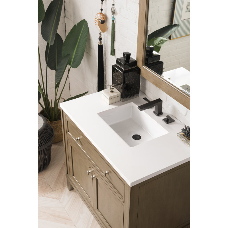 Chicago 36' W Single Vanity, Walnut Whisper, Eternal Jasmine Pearl Quartz, 8" Widespread