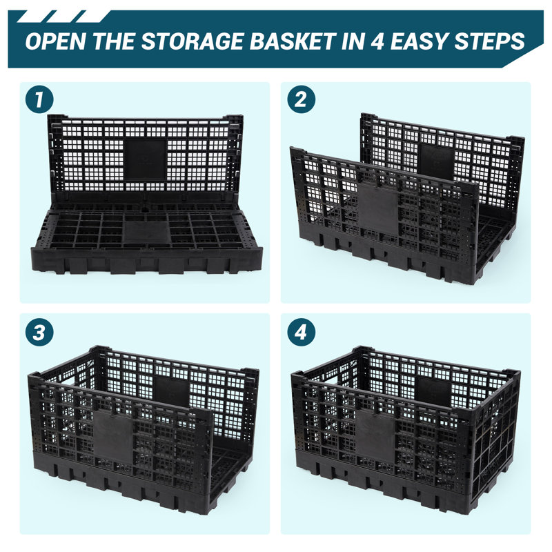 Cage à lait pliable, caisse de rangement en plastique robuste de 52 L empilable, caisses pliables pour rangement, Noir