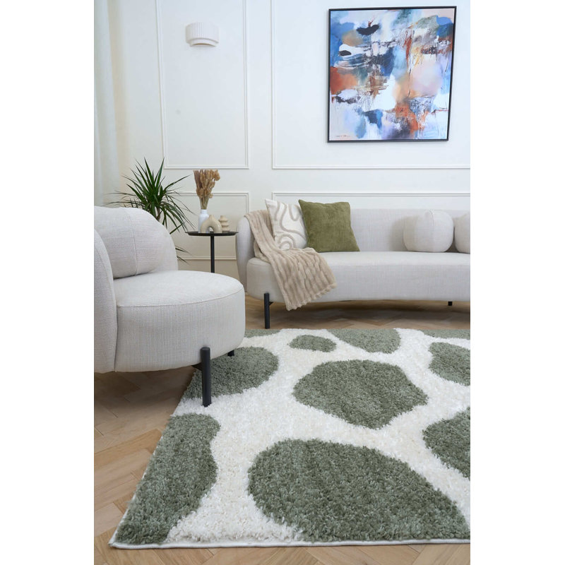 Moodi Modern Shaggy Area Rug Abstract Pebble Design, Runner 80 x 300 cm, Off-White/Green