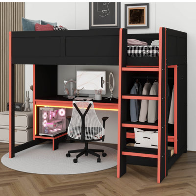 Lit mezzanine simple en bois avec bureau intégré, garde-robe, DEL et tiroir, sans sommier, cadre en bois robuste pour la chambre à coucher