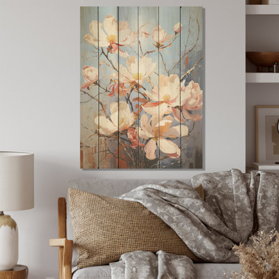 Perle de magnolia blanc dans un jardin ensoleillé I - magnolia, art mural sur bois de pin naturel